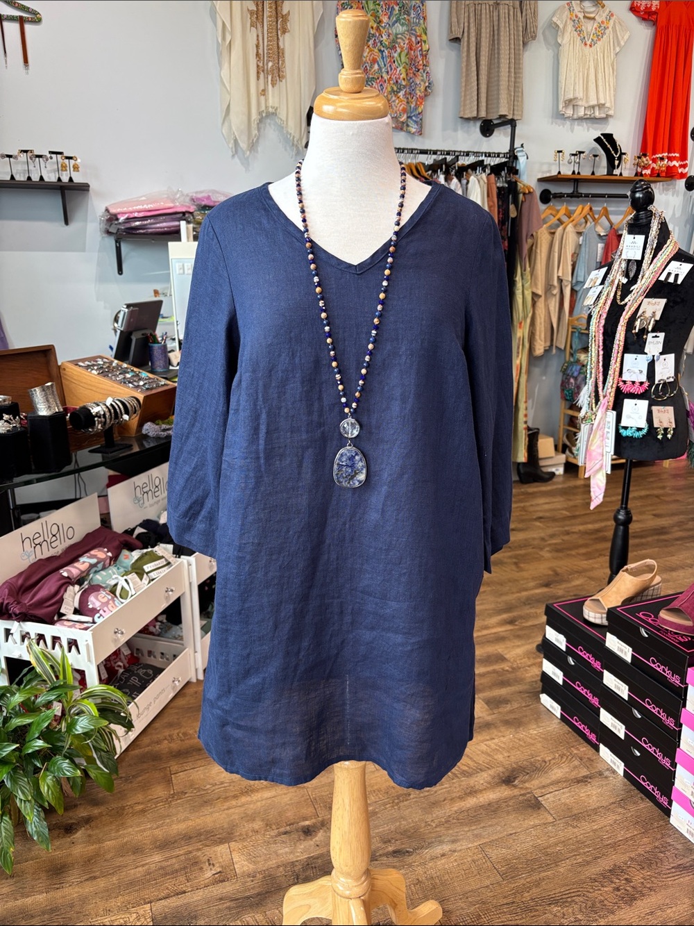 Flax Navy Linen V Neck Dress